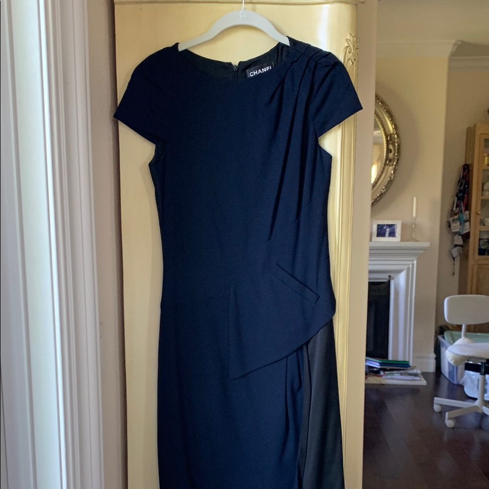 CHANEL Blue Asymmetrical Ruched Sheath Dress